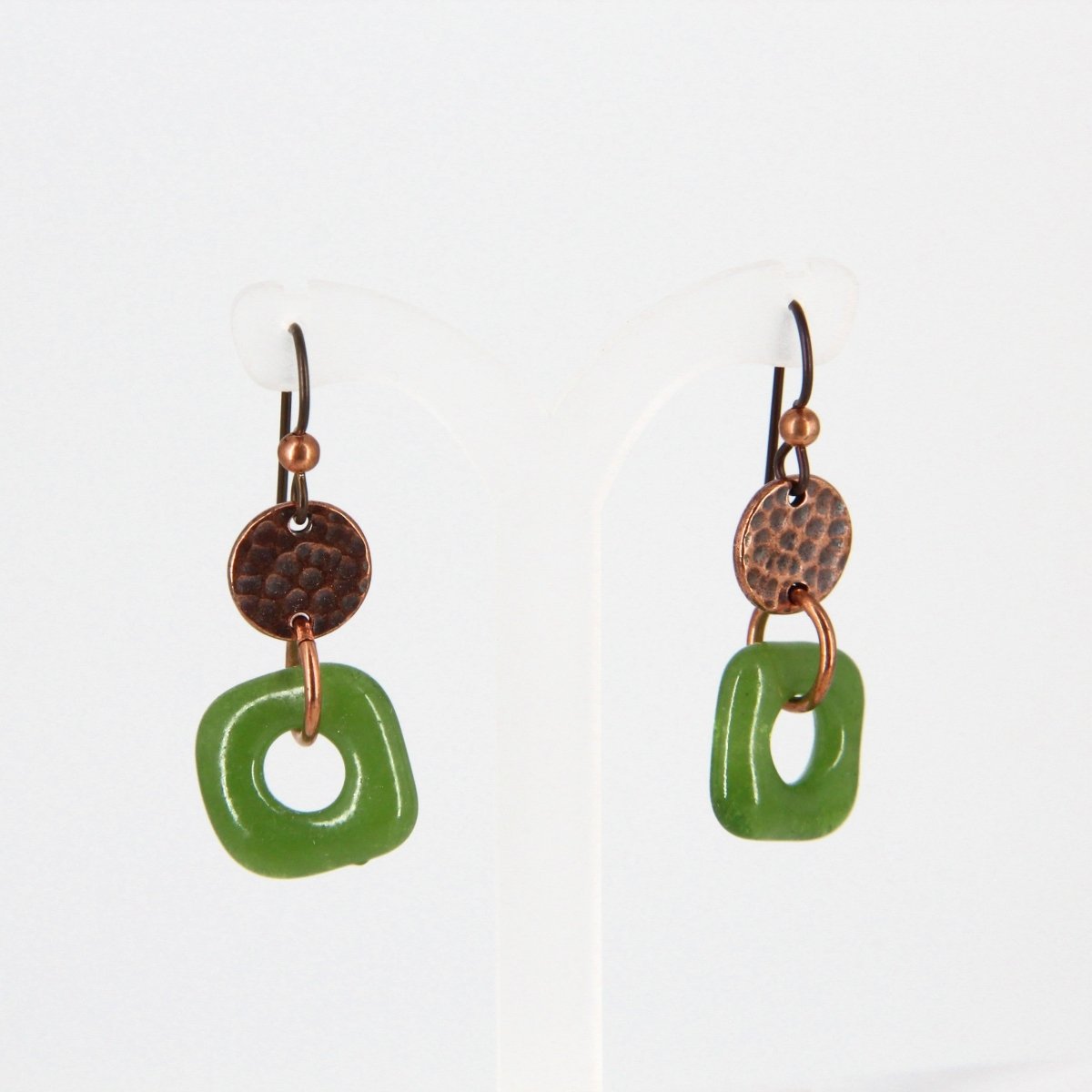 Recycled Green Glass Dangle Earrings With Copper Charms