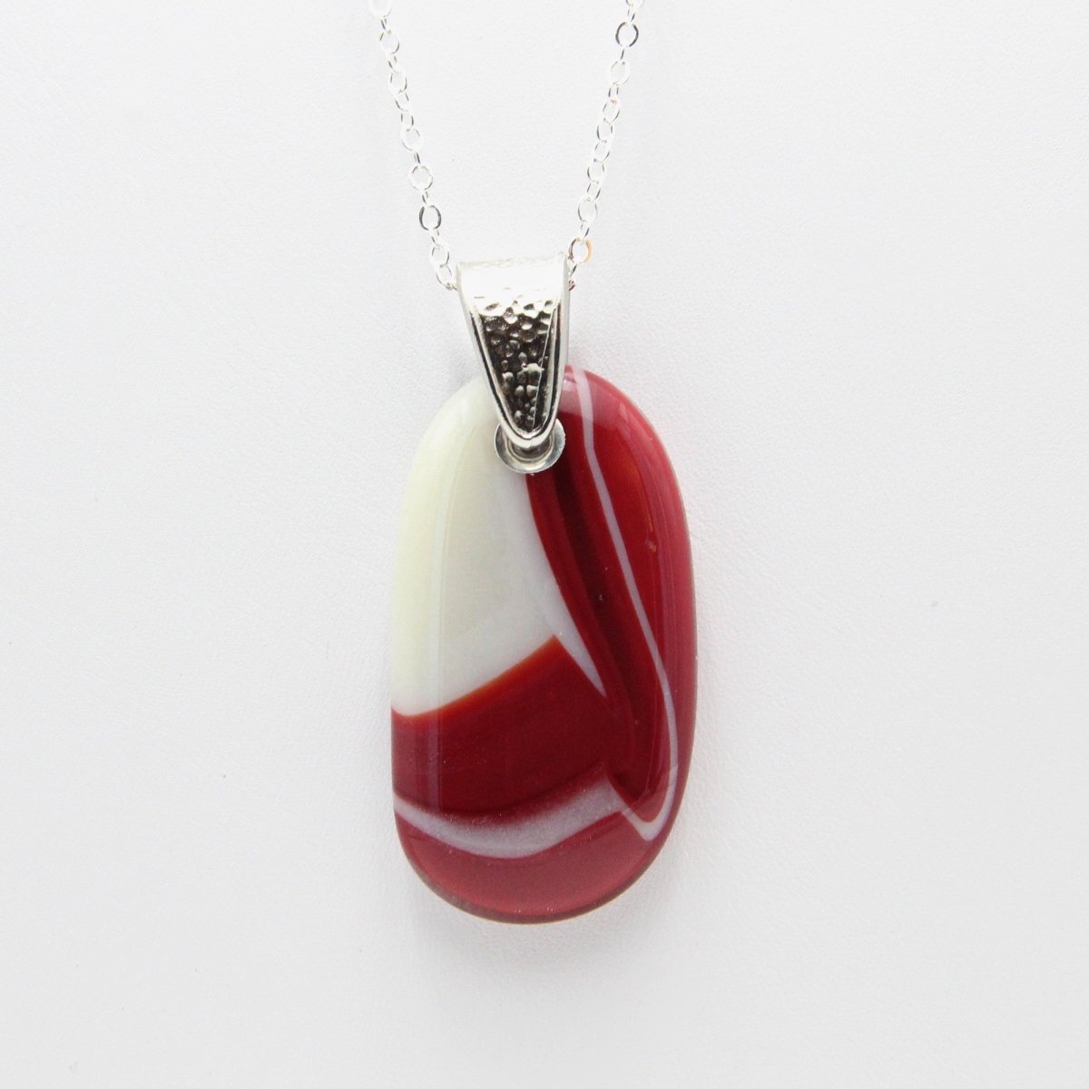 Red and Ivory Glass Pendant with Silver Accents, Handmade Unique Glass Jewelry, Gift for Art Lover