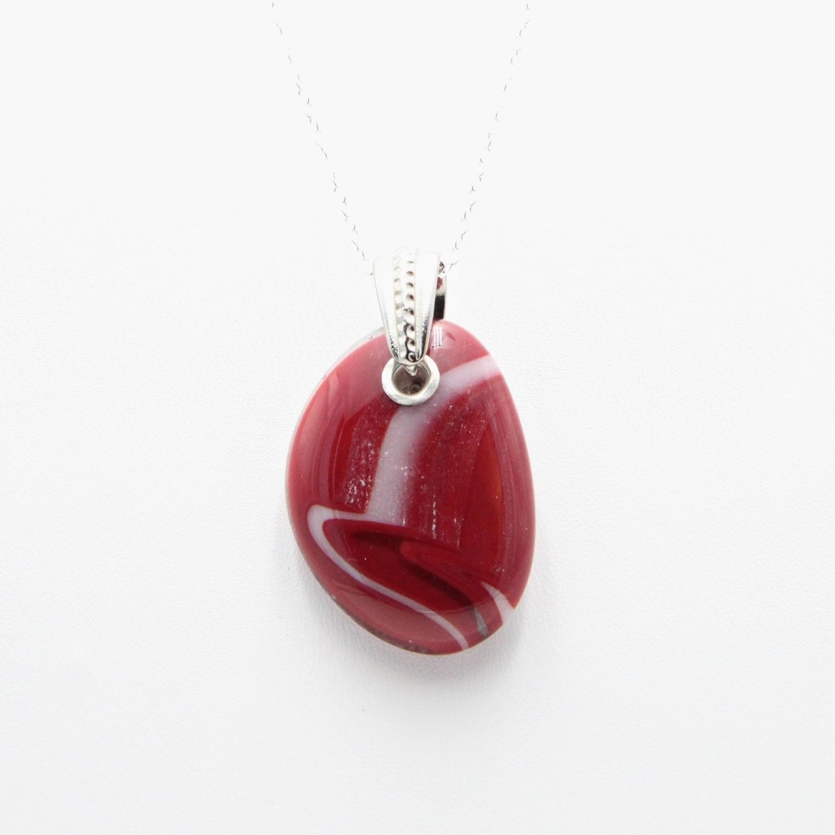 Red and Ivory Glass Pendant with Silver Accents, Handmade Unique Glass Jewelry, Gift for Art Lover