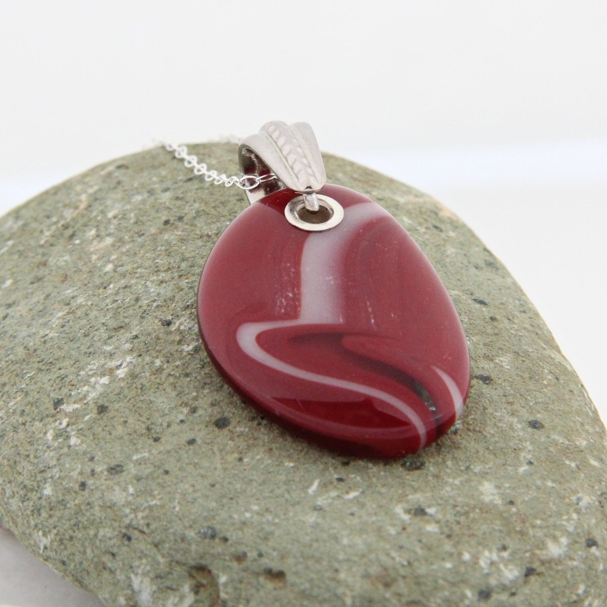 Red and Ivory Glass Pendant with Silver Accents, Handmade Unique Glass Jewelry, Gift for Art Lover