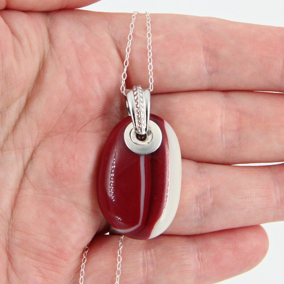 Red and Ivory Glass Pendant with Silver Accents, Handmade Unique Glass Jewelry, Gift for Art Lover