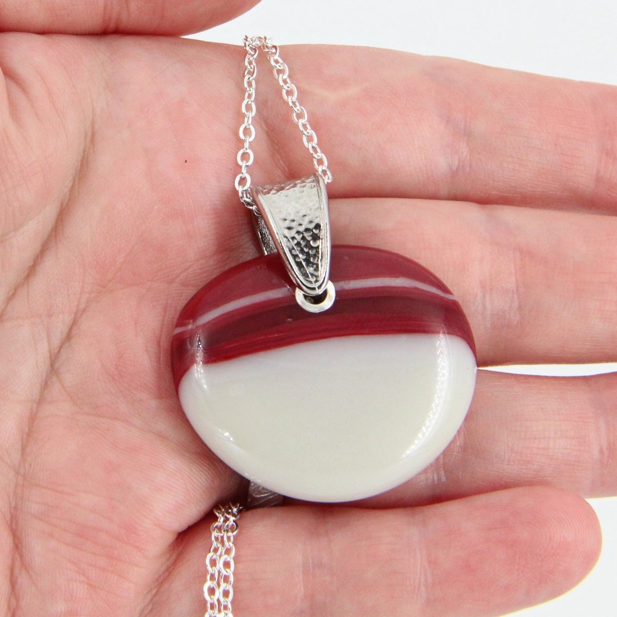 Red and Ivory Glass Pendant with Silver Accents, Handmade Unique Glass Jewelry, Gift for Art Lover