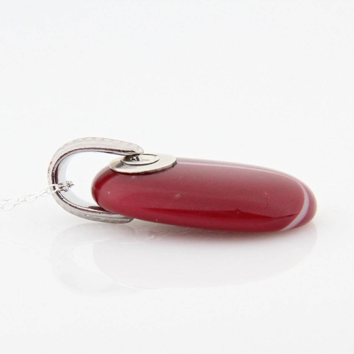 Red and Ivory Glass Pendant with Silver Accents, Handmade Unique Glass Jewelry, Gift for Art Lover