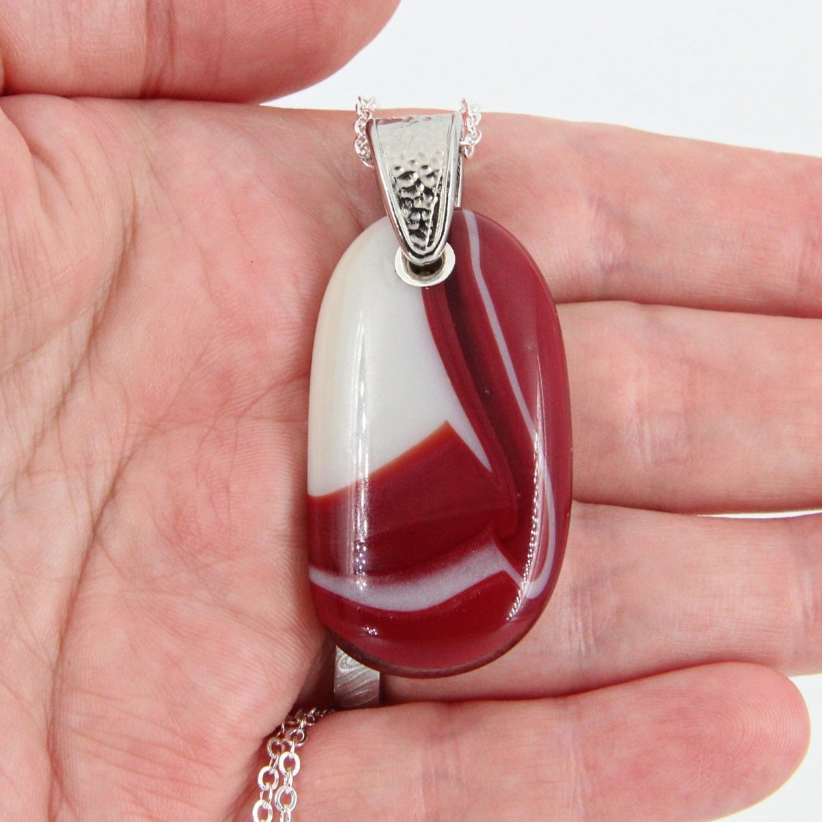 Red and Ivory Glass Pendant with Silver Accents, Handmade Unique Glass Jewelry, Gift for Art Lover