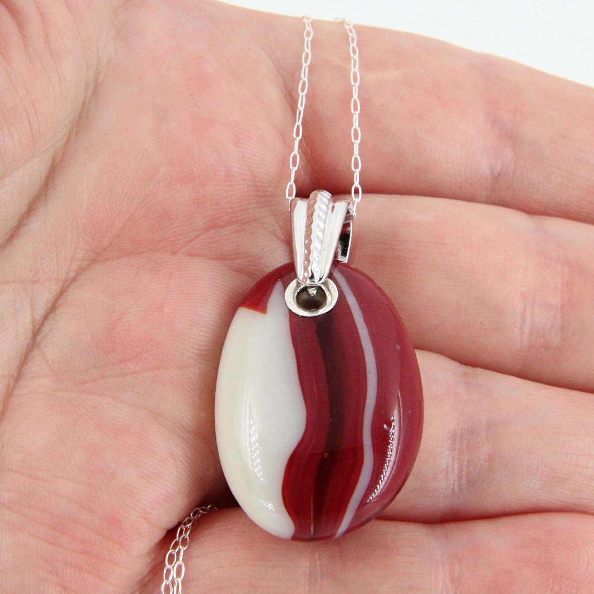 Red and Ivory Glass Pendant with Silver Accents, Handmade Unique Glass Jewelry, Gift for Art Lover