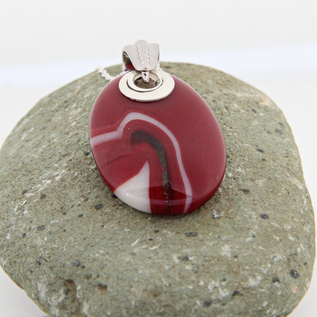 Red and Ivory Glass Pendant with Silver Accents, Handmade Unique Glass Jewelry, Gift for Art Lover