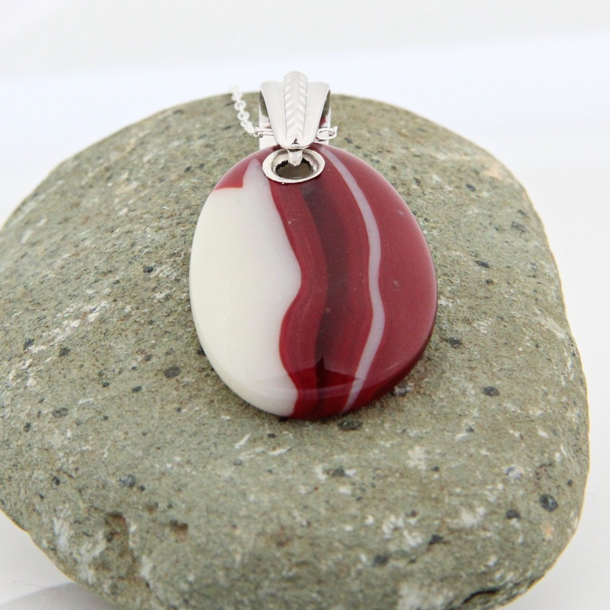 Red and Ivory Glass Pendant with Silver Accents, Handmade Unique Glass Jewelry, Gift for Art Lover