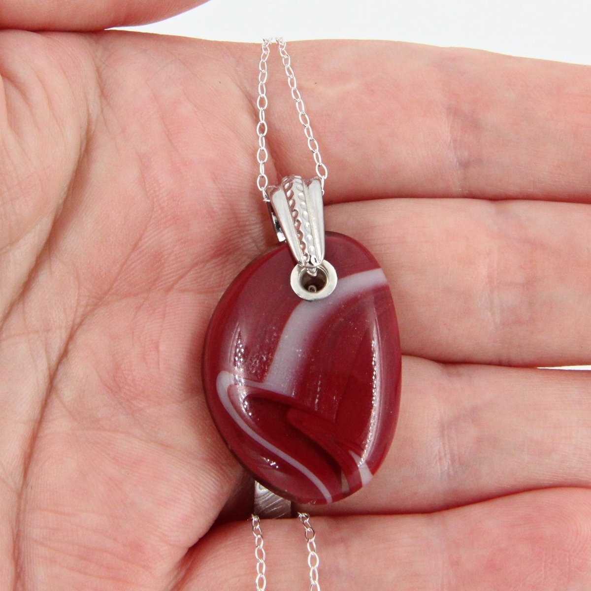 Red and Ivory Glass Pendant with Silver Accents, Handmade Unique Glass Jewelry, Gift for Art Lover