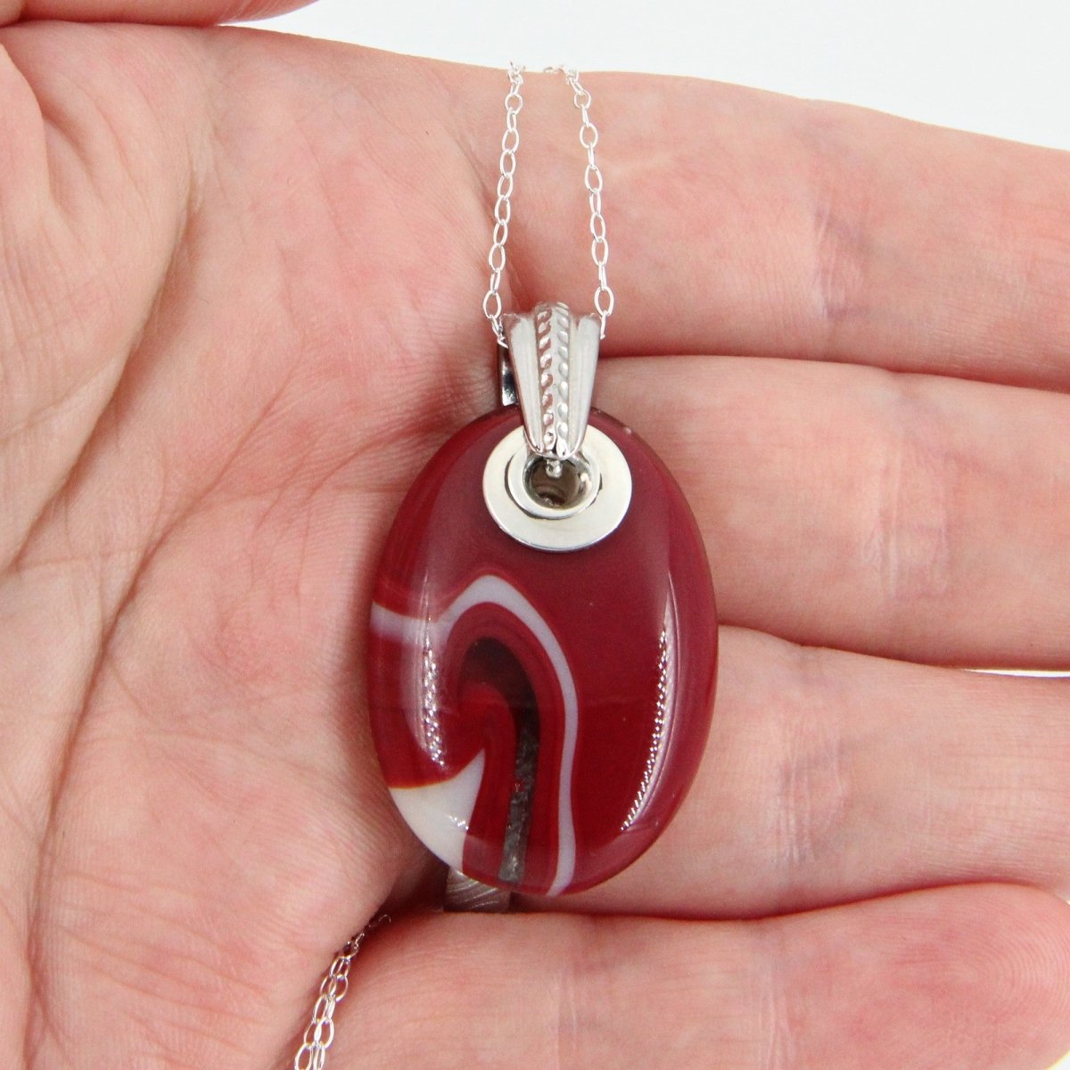 Red and Ivory Glass Pendant with Silver Accents, Handmade Unique Glass Jewelry, Gift for Art Lover