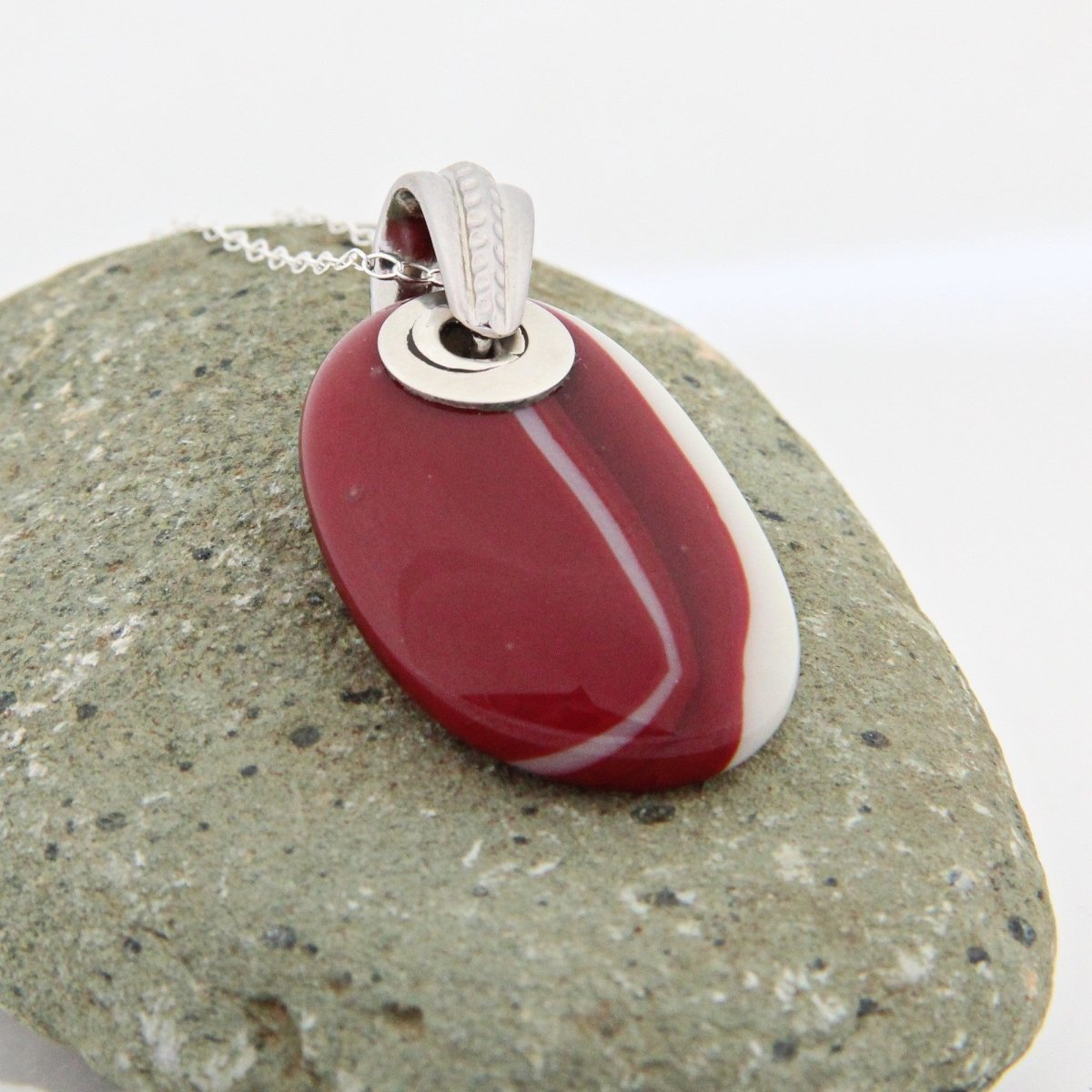 Red and Ivory Glass Pendant with Silver Accents, Handmade Unique Glass Jewelry, Gift for Art Lover