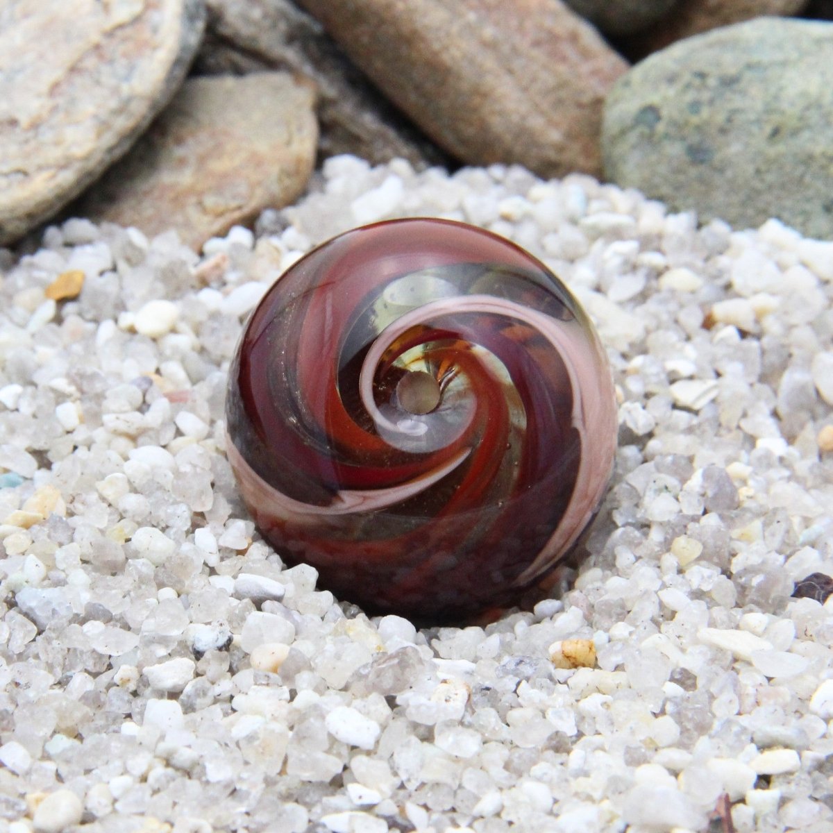 Red and Peach Striped Statement Bead - Handmade Glass Lampwork, Unique Focal Bead for Pendant, Suncatcher, or Home Decorating