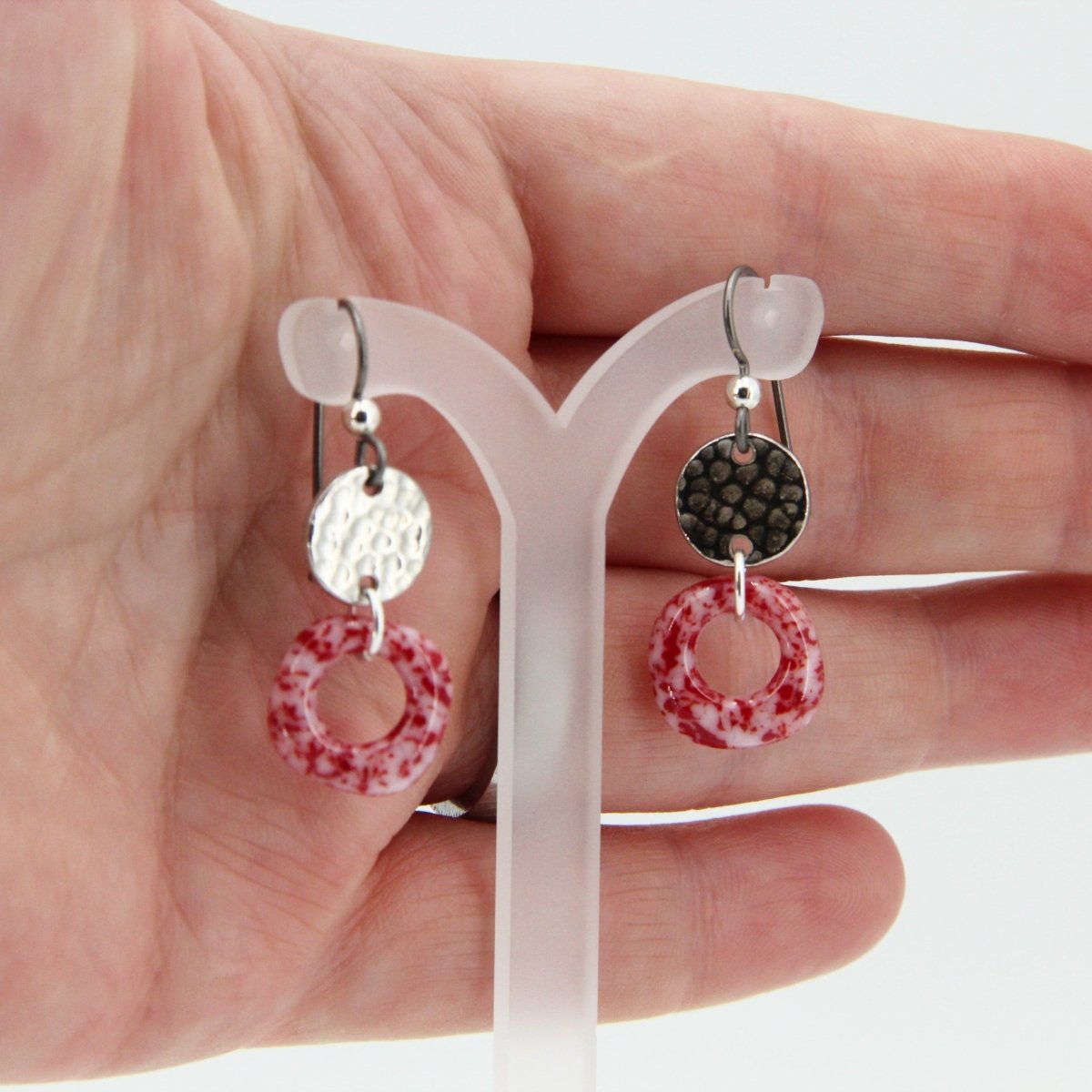 Red and White Glass Earrings with Circle Charms