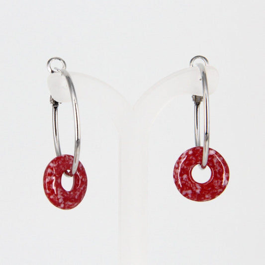 Red and White Glass Hoop Earrings