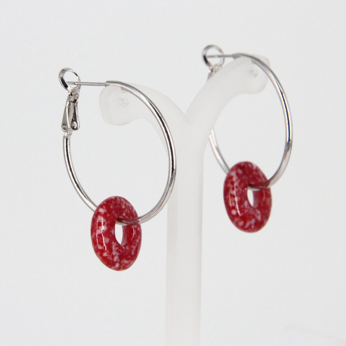 Red and White Glass Hoop Earrings