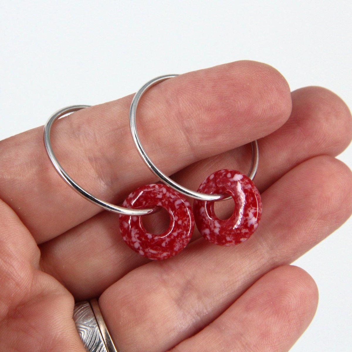 Red and White Glass Hoop Earrings