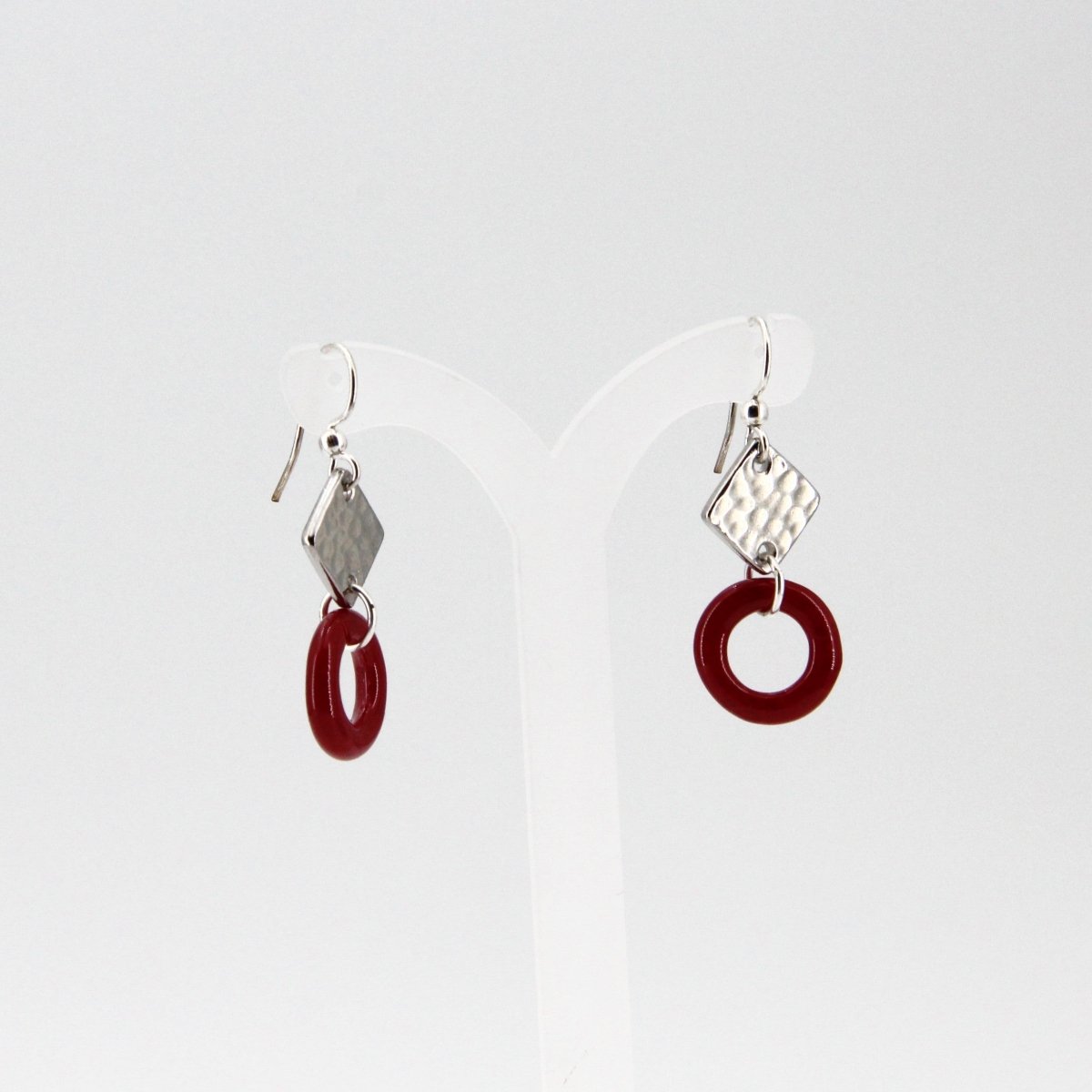Red Glass Earrings with Silver Diamond Shaped Charm