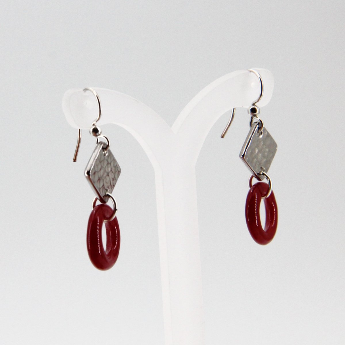Red Glass Earrings with Silver Diamond Shaped Charm