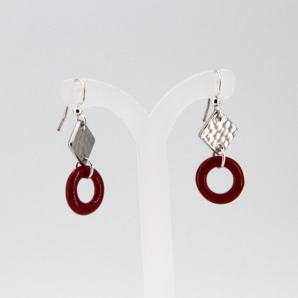 Red Glass Earrings with Silver Diamond Shaped Charm