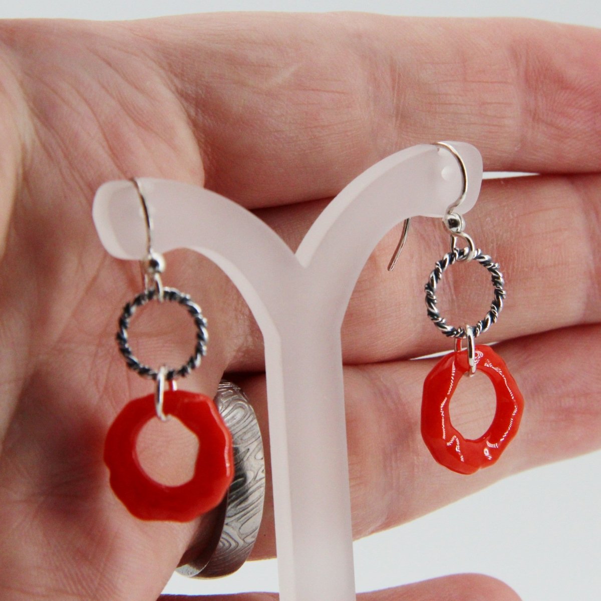 Red Glass Earrings with Silver Twisted Wire Circle