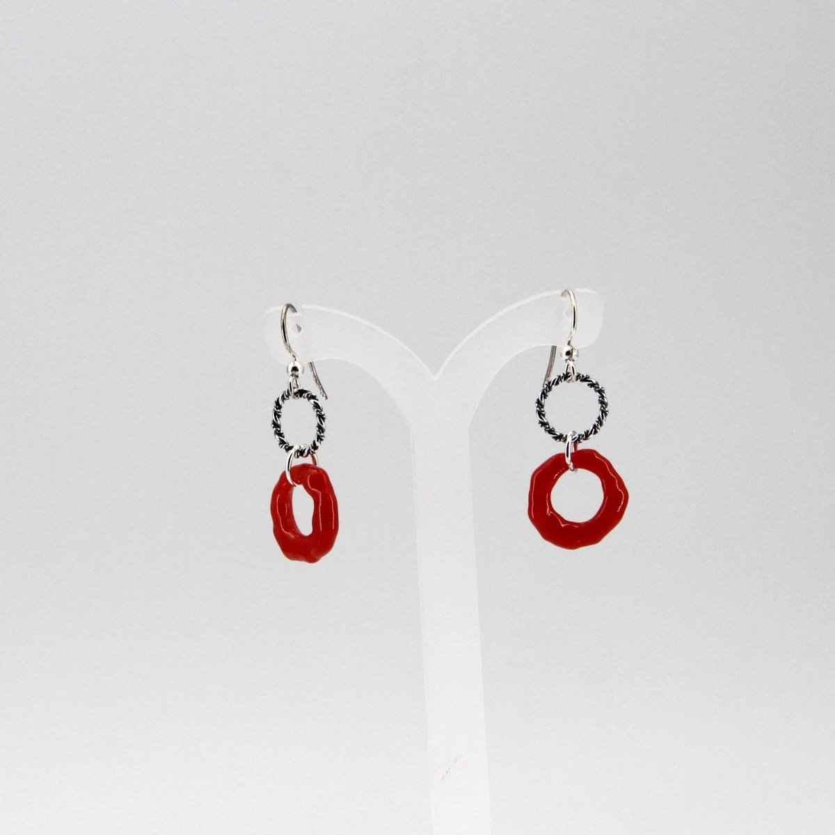 Red Glass Earrings with Silver Twisted Wire Circle