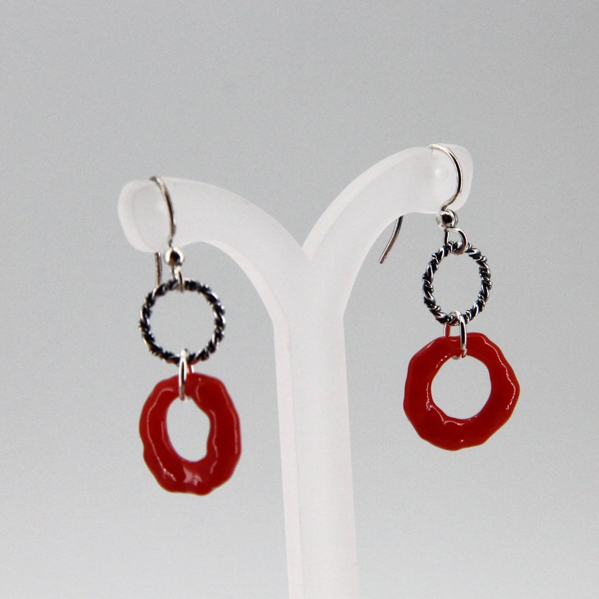 Red Glass Earrings with Silver Twisted Wire Circle