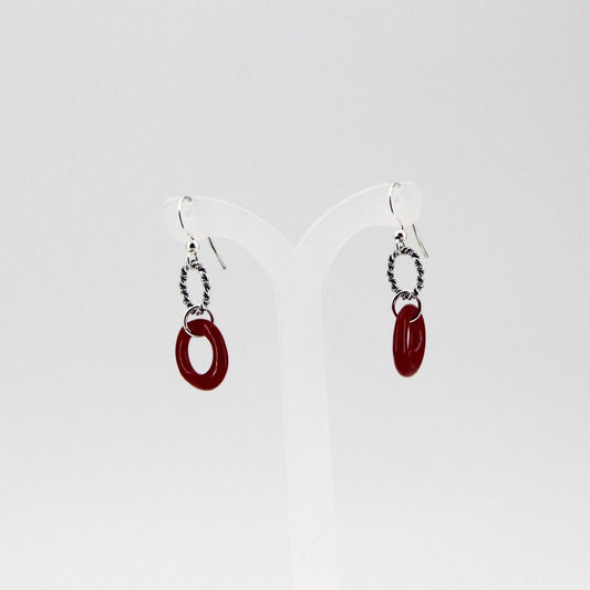 Red Glass Earrings with Silver Twisted Wire Circle