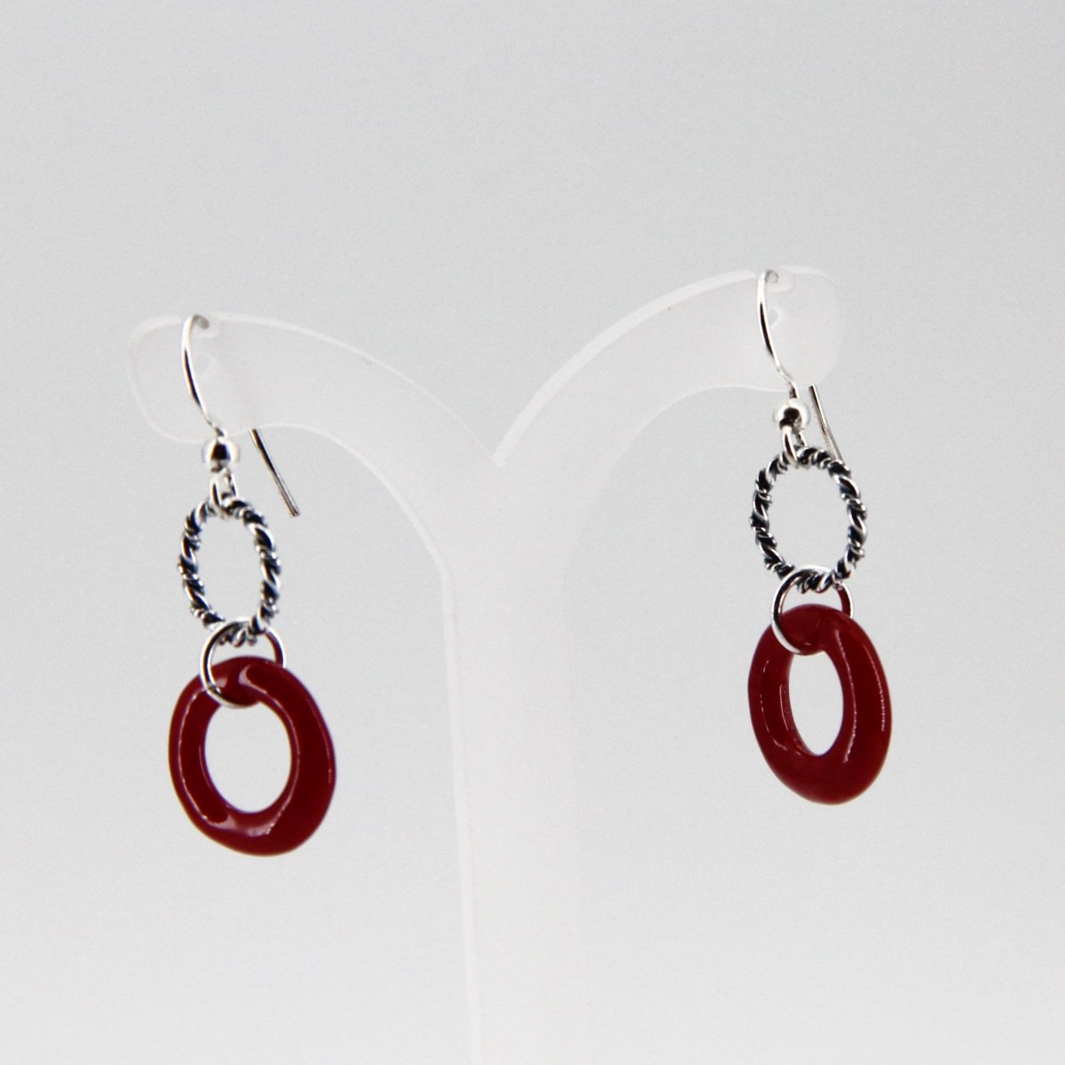 Red Glass Earrings with Silver Twisted Wire Circle