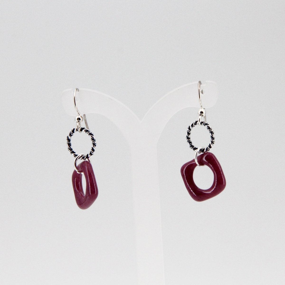 Red Glass Earrings with Silver Twisted Wire Circle