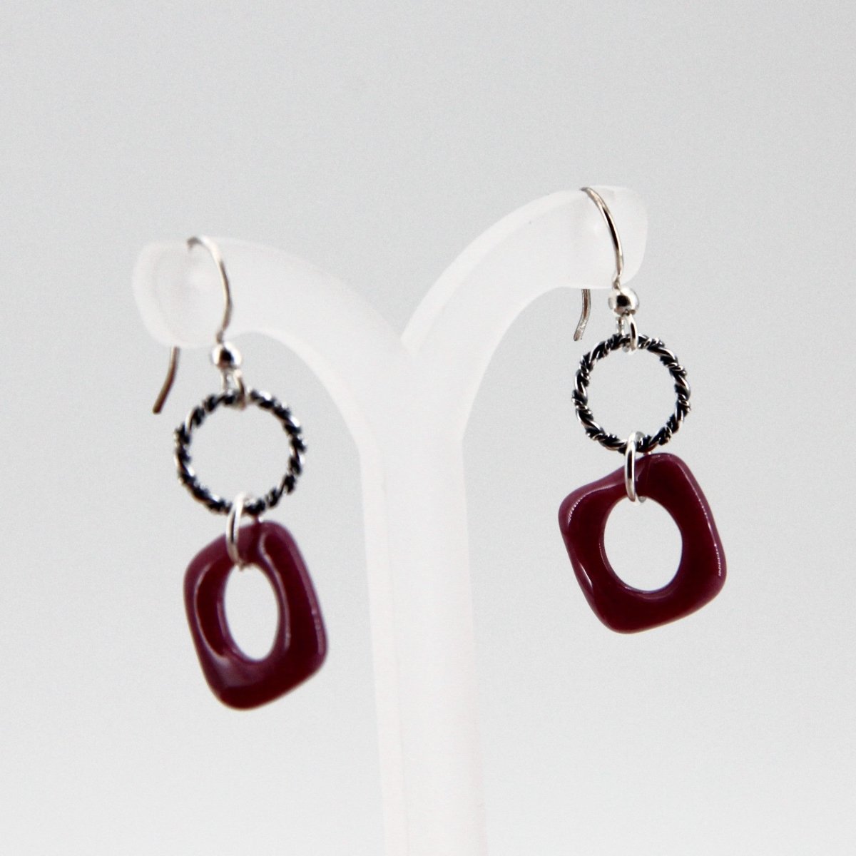 Red Glass Earrings with Silver Twisted Wire Circle