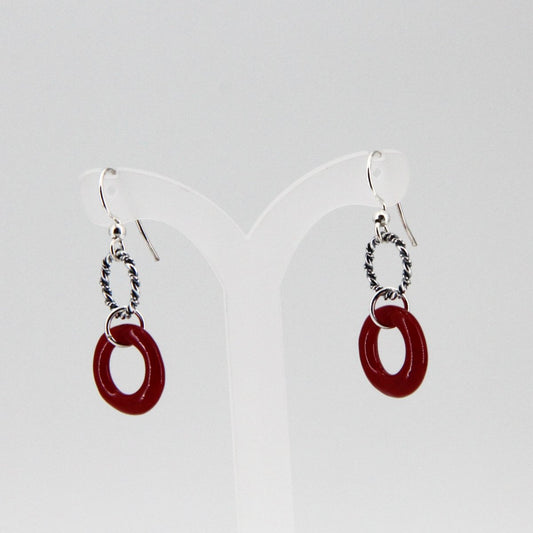 Red Glass Earrings with Silver Twisted Wire Circle