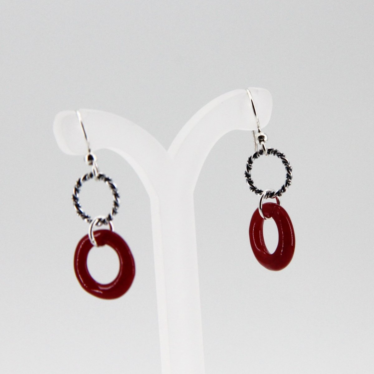 Red Glass Earrings with Silver Twisted Wire Circle
