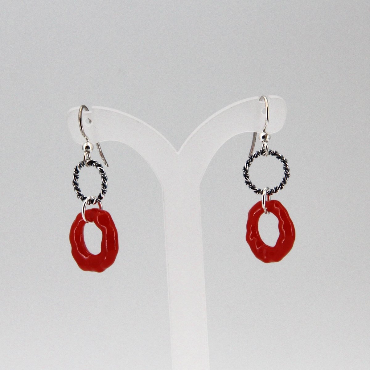 Red Glass Earrings with Silver Twisted Wire Circle