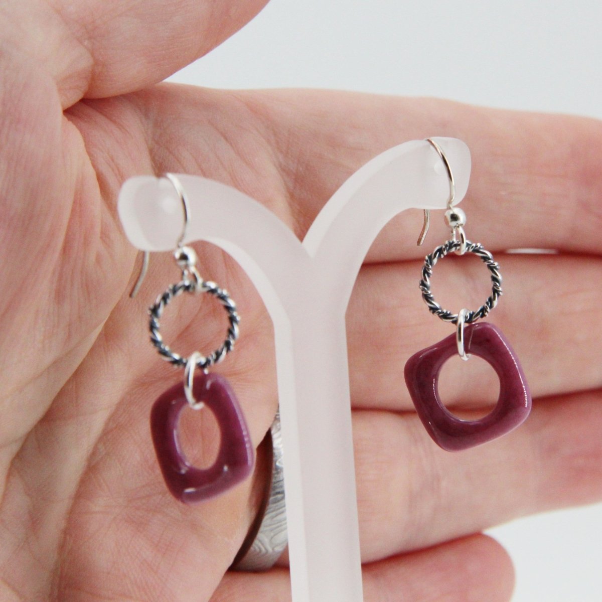 Red Glass Earrings with Silver Twisted Wire Circle