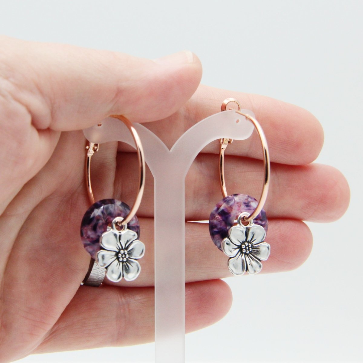Rose Gold Hoop Earrings with Purple Glass Donuts and Flower Charms