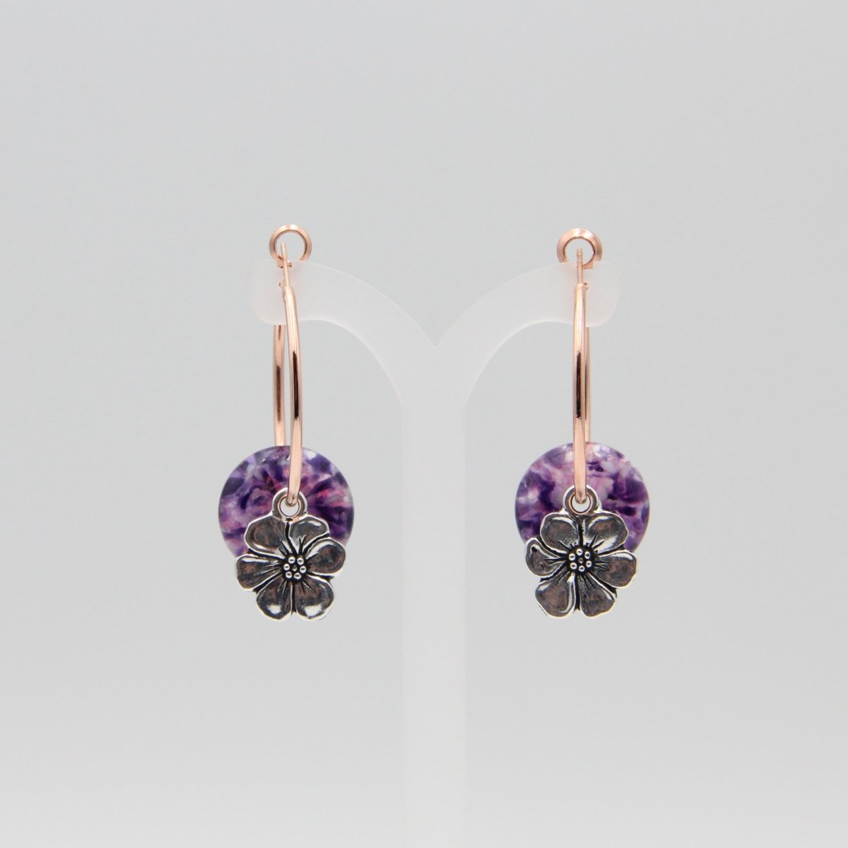 Rose Gold Hoop Earrings with Purple Glass Donuts and Flower Charms
