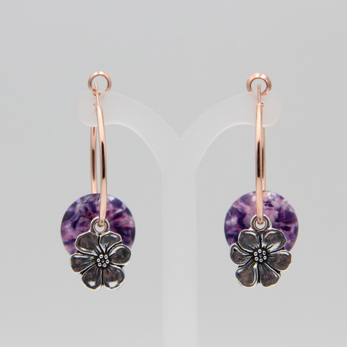 Rose Gold Hoop Earrings with Purple Glass Donuts and Flower Charms