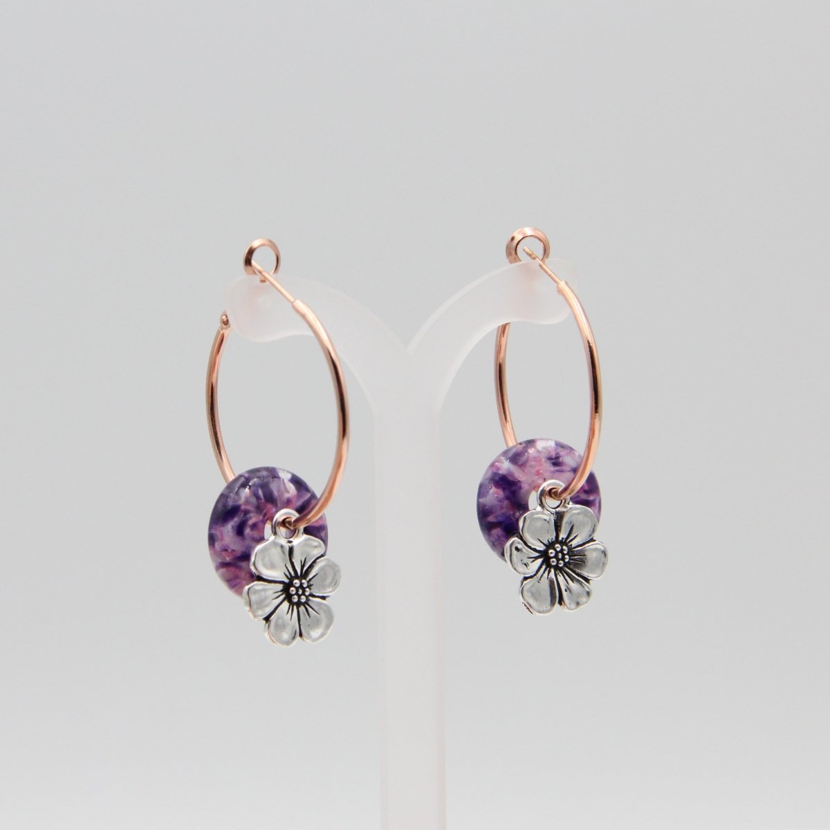 Rose Gold Hoop Earrings with Purple Glass Donuts and Flower Charms