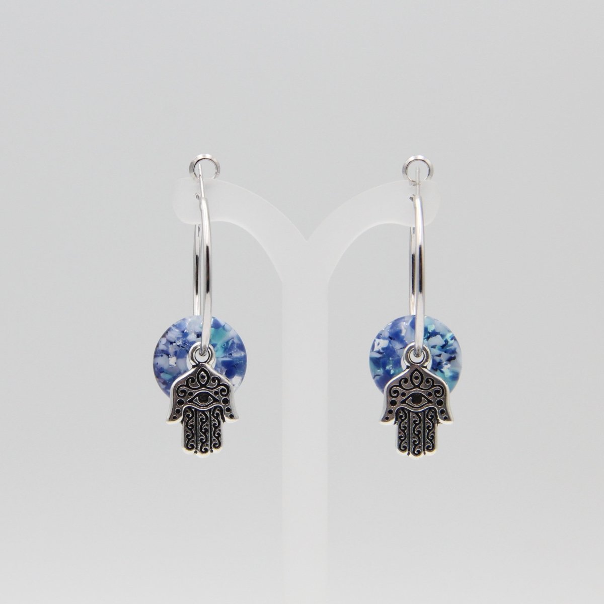 Silver Hoop Earrings with Blue Glass Donuts and Hamsa Hand Charms