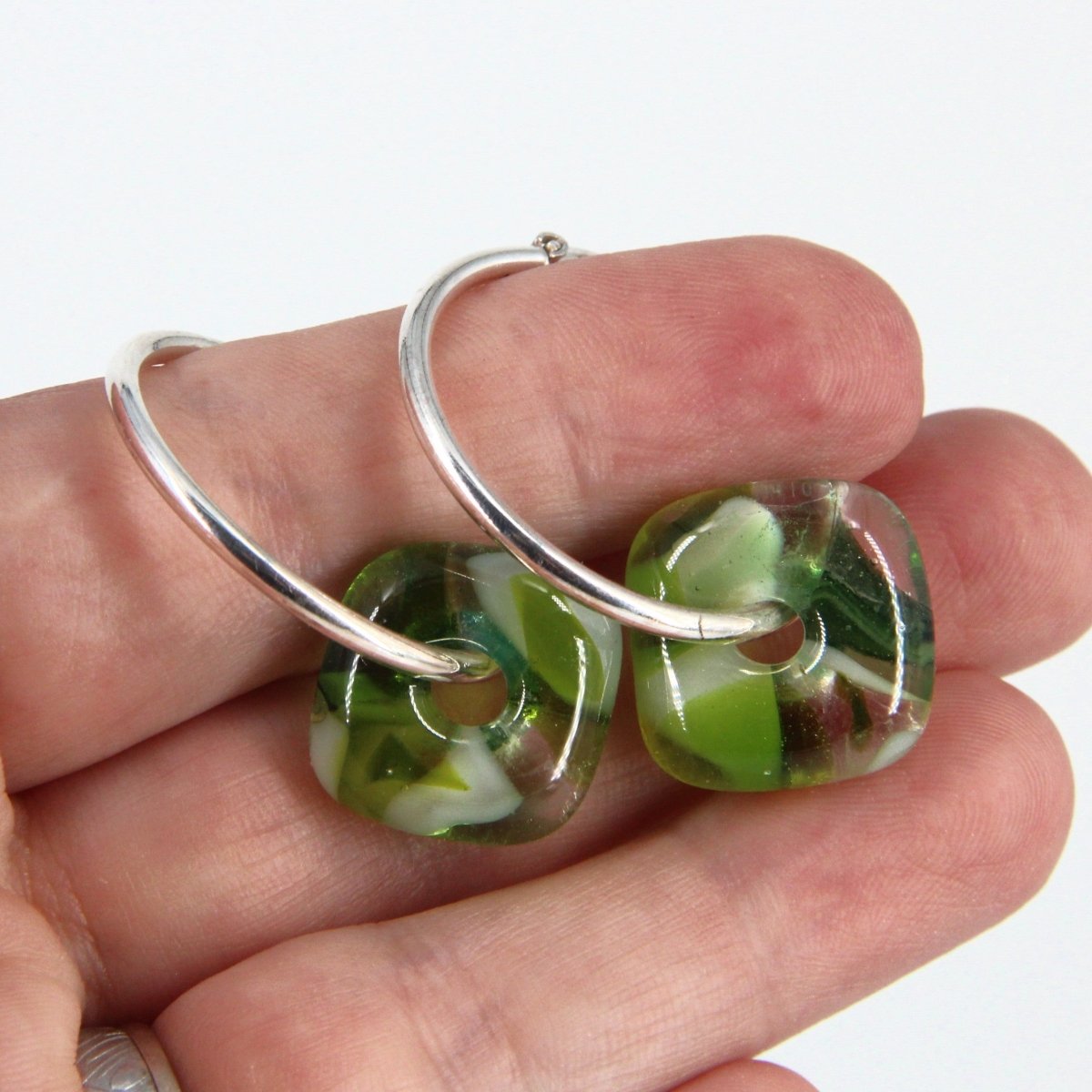 Silver Hoop Earrings with Green Glass Donuts