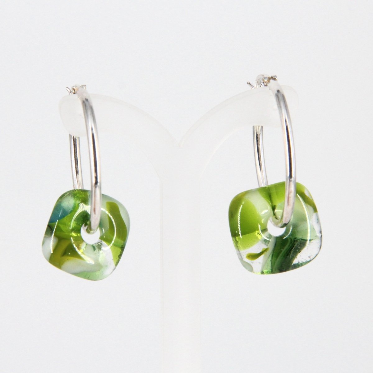 Silver Hoop Earrings with Green Glass Donuts