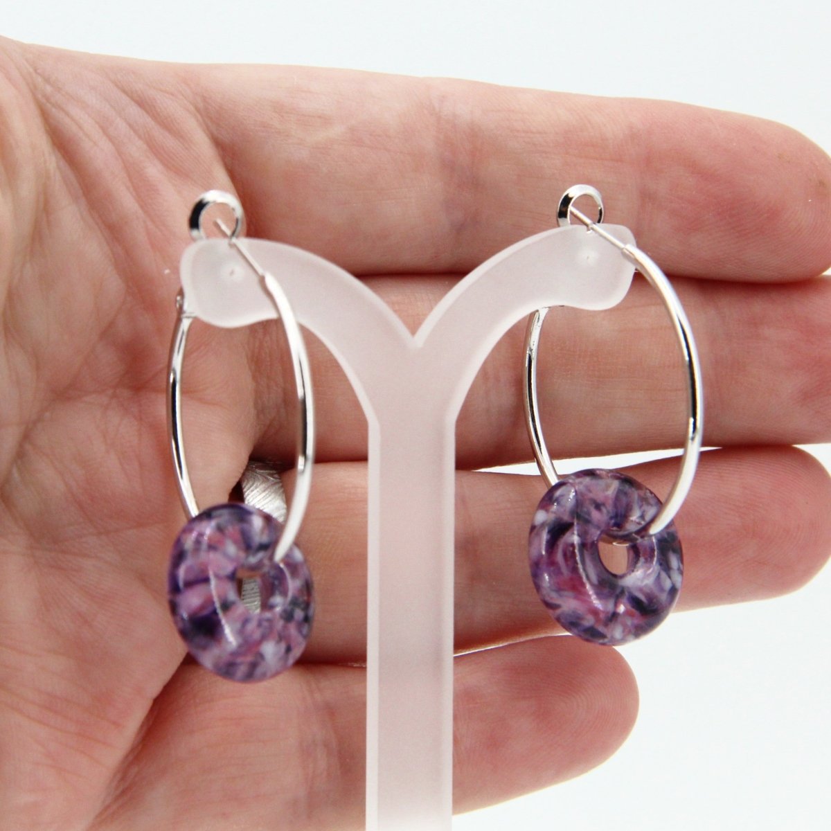 Silver Hoop Earrings with Purple Glass Donuts
