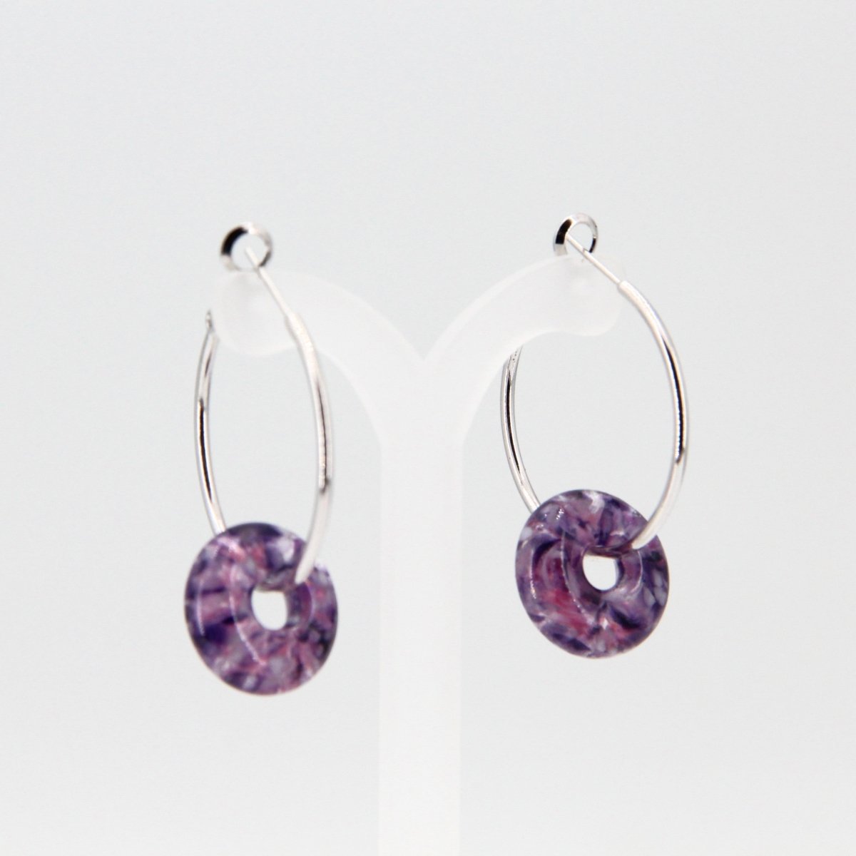 Silver Hoop Earrings with Purple Glass Donuts