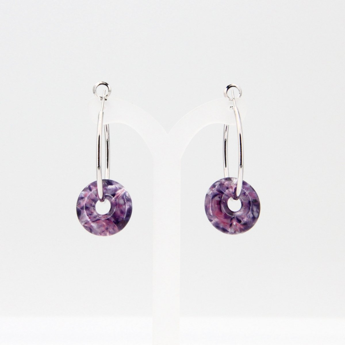 Silver Hoop Earrings with Purple Glass Donuts