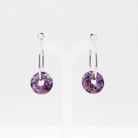 Silver Hoop Earrings with Purple Glass Donuts