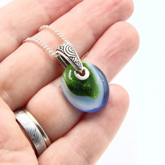 Small Blue and Green Glass Pendant with Silver Accents