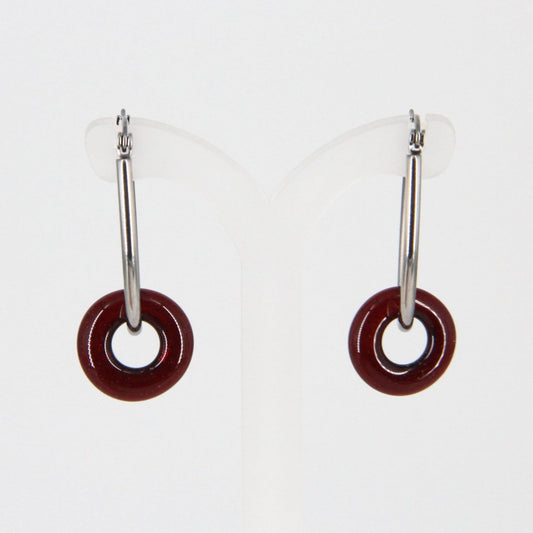 Stainless Hoop Earrings with Red Glass Donuts