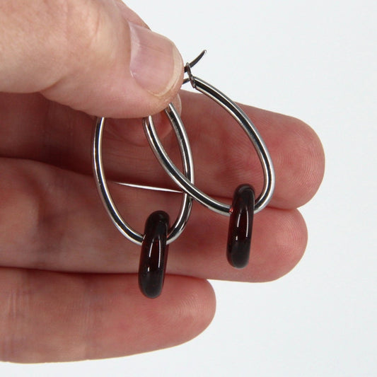 Stainless Hoop Earrings with Red Glass Donuts