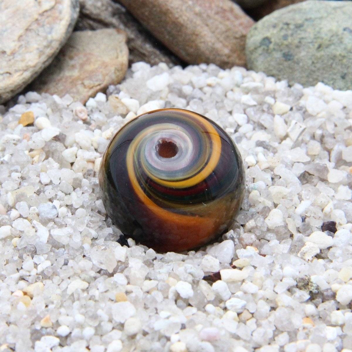 Teal, Red, and Orange Striped Statement Bead - Handmade Glass Lampwork, Unique Focal Bead for Pendant, Suncatcher, or Home Decorating