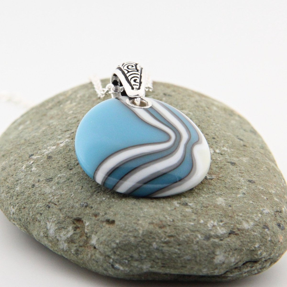 Turquoise and Ivory Glass Pendant with Silver Accents, Handmade Unique Glass Jewelry, Gift for Art Lover