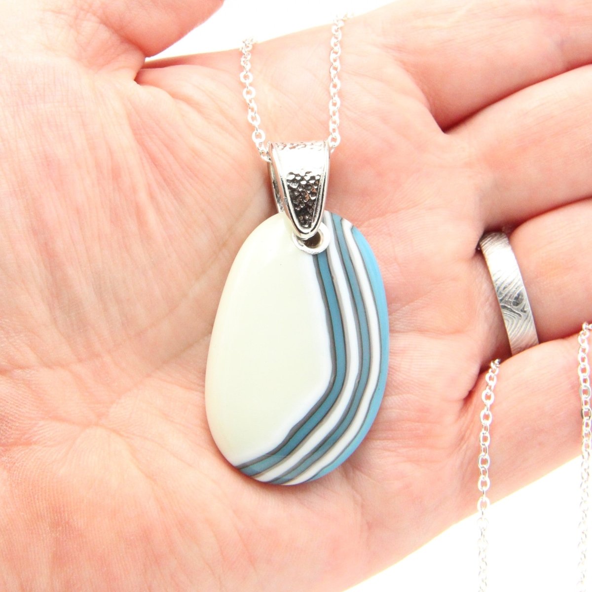 Turquoise and Ivory Glass Pendant with Silver Accents, Handmade Unique Glass Jewelry, Gift for Art Lover